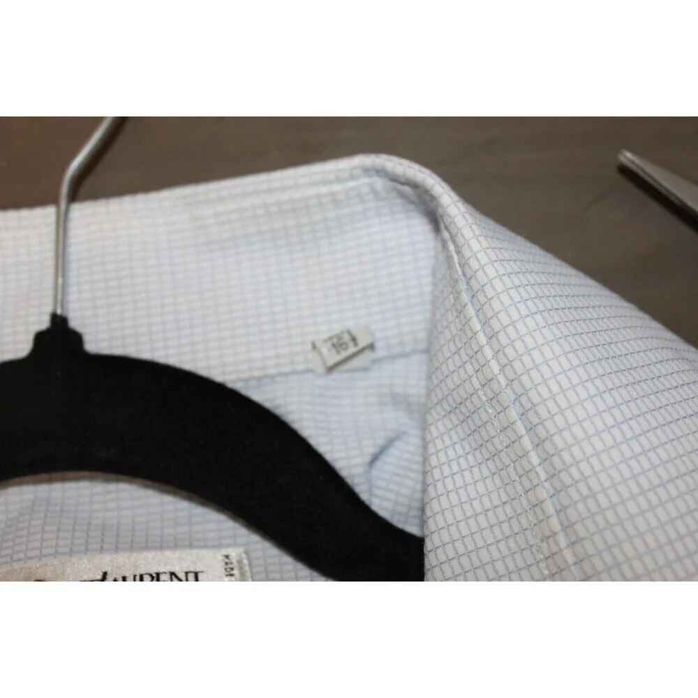 Yves Saint Laurent Mens Button Up Dress Shirt Blue and White Check 16.5 / 42